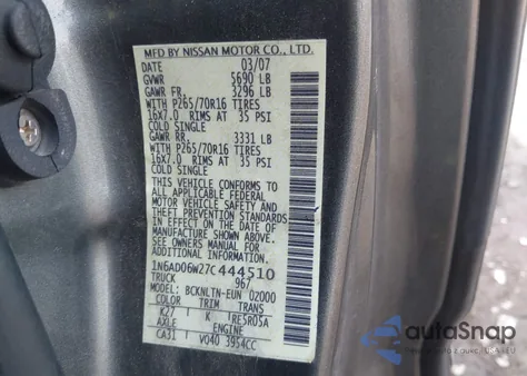 2007 Nissan Frontier Se z USA, uszkodzony, nr VIN 1N6AD06W27C444510